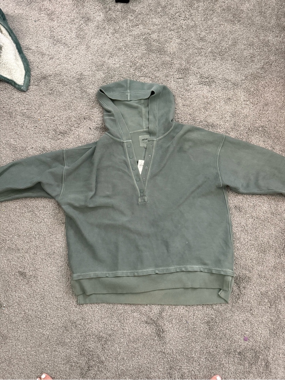 Aerie Unisex Hooded Waffle Knit Pullover Sweater - Sage Green